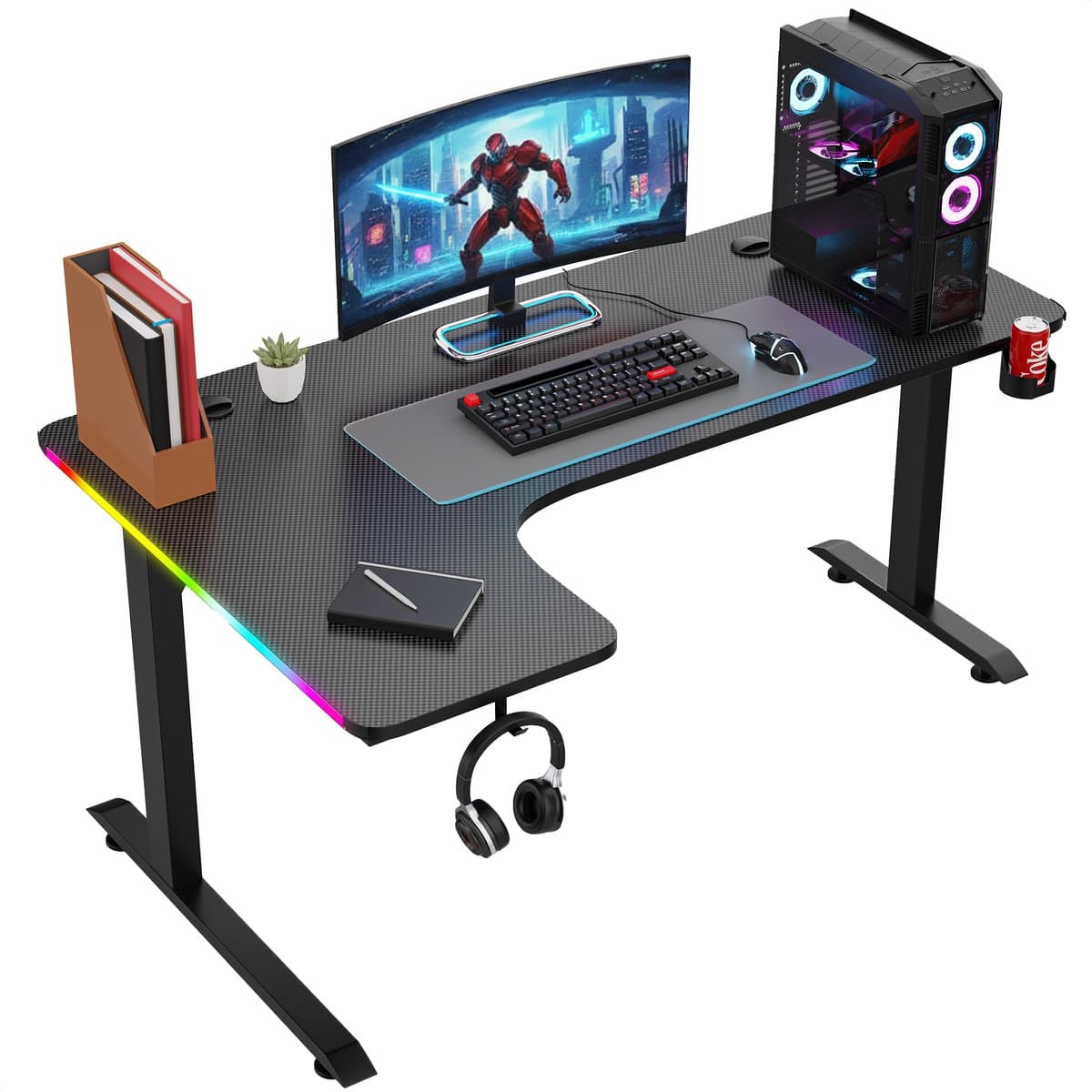 Avalo Gaming Bureau - 160x100x75 CM - L Vormig Hoekbureau - Game Desk Met LED Verlichting - Tafel - Zwart — afbeelding 1