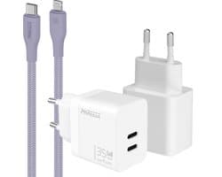 Snellader usb C oplader - Power Delivery GaN adapter met 2 usb C poorten - Geschikt voor iPhone 14 t/m 11 en iPad met Lightning kabel - Dubbele usb C oplader voor telefoon en tablet