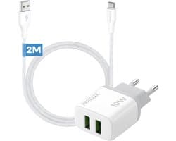 Phreeze 12w usb adapter - Usb naar usb C kabel 2 meter - 5v 2a power adapter met 2 poorten voor usb C smartphone tablet ereader controller - Oplader