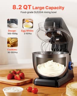 Elektrische Keukenmixer, 7,8 L Keukenmixer met 1500 W Motor, 6+P Snelheden, Kantelbaar Kopontwerp, Inclusief 1,5 L Blenderbeker, Roestvrijstalen Kom, Deeghaak, Garde en Klopper voor Bakken en Mixen, Zwart — thumbnail 4