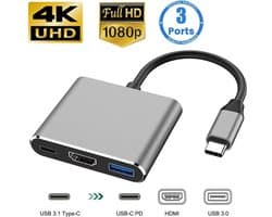 NÖRDIC DOCK-110, 3 in 1 USB-C naar HDMI 4K 30Hz, USBC 60W PD, USB 3.1, Space Grey
