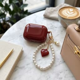 Wijnrood glanzend hoesje voor oordopjes dames met parel polsband en hart hanger geschikt voor AirPods Pro 2 hardcase met goudkleurige clip — thumbnail 2