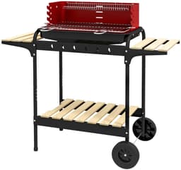 Premie Houtskool Barbecue - in Hoogte Verstelbaar Grillrooster - Grilloppervlak 53x34cm - met Houten Plank en Wielen - BBQ voor Kamperen, Buiten, Tuin - 103x47x95 cm - Rood — thumbnail 1
