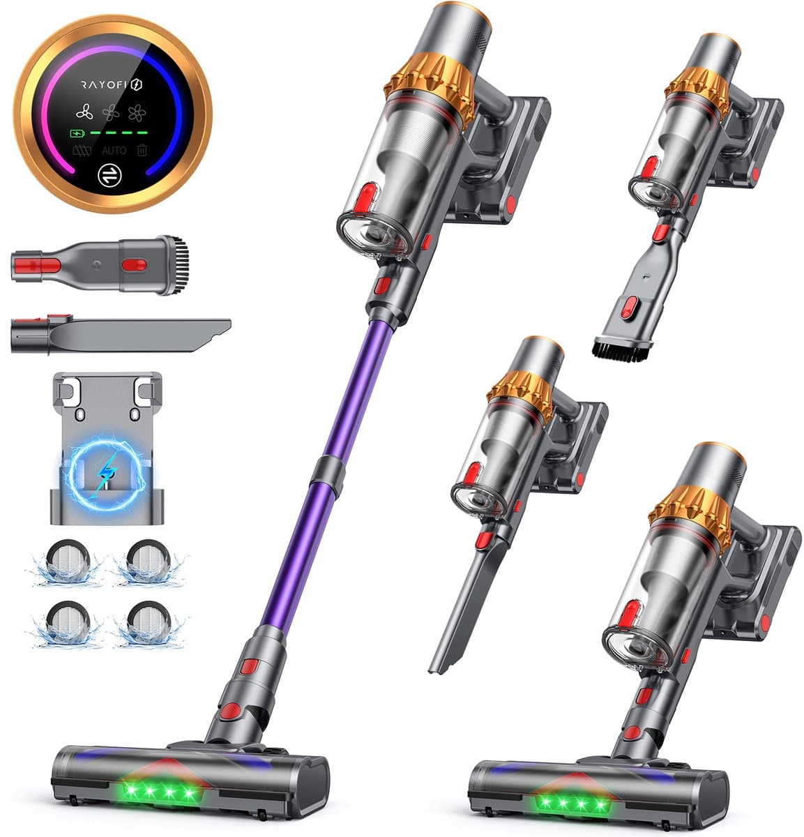 RAYOFI Steelstofzuiger - accu stofzuiger - Steelstofzuiger Draadloos 70000PA - LED-Display - draadloze stofzuiger - 3 Standen Zuigkracht -Steelstofzuigers - Anti-klit vloerborstel - 20-60 Min Werktijd - 1,8L - Goud — afbeelding 1