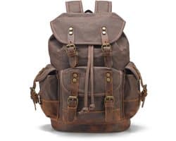 DE LAMASSU® Canvas Laptop Rugzak 15.6 inch – Vintage Backpack – Waterafstotend – Echt Leer – 22L – 32 × 15 × 45 cm