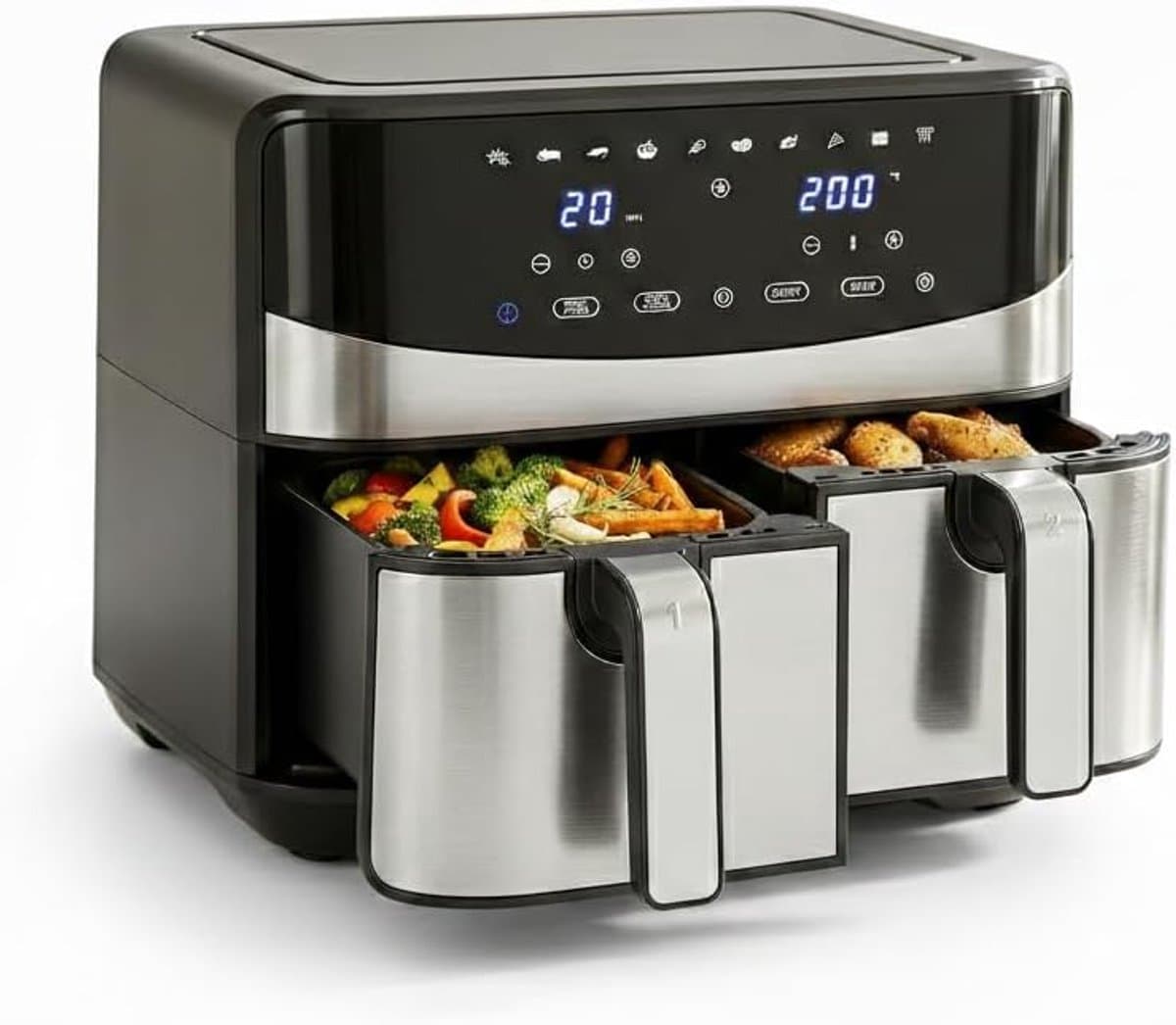Heteluchtfriteuse Dubbele Mand - Luchtfriteuse Airfryer - Gezinsmaaltijden Bereiden - Dubbele Kamer Technologie - 8 Liter Capaciteit - Zwart Zilver — afbeelding 1