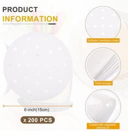200 Bamboe Airfryer Liners 15,24 cm - Anti-aanbaklaag - Geperforeerd Perkamentpapier - Wegwerp demperpapier - Stoommand - Wit. — thumbnail 2