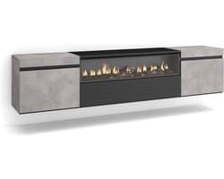 Zwevende TV Kast Lowboard voor Televisies tot 80 Inch met Elektrische Open Haard in Moderne Cementstijl