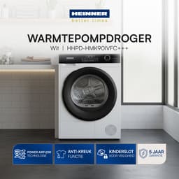 Heinner HHPD-HMK90IVFC+++ Warmtepompdroger – 9 kg – 14 programma’s – Touch Control – Schoendroogrek – Inverter – Kinderslot - Wit – 5 Jaar Garantie — thumbnail 5