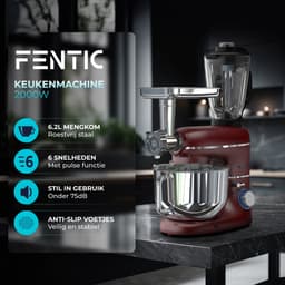 Fentic Keukenmachine – 2000W – Keukenrobot – Foodprocessor - 6,2L Mengkom – Incl. Vleesmolen, Blender en extra Accessoires – Rood — thumbnail 2