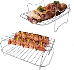 RVS Airfryer Accessoires Gescht voor Ninja Foodi Dual Zone AF300EU/AF400EU/AF500EU – Stapelbaar Grillrooster & Rek met Spiezen voor 7,6L-9,5L Dubbele Heteluchtfriteuse XL — thumbnail 7
