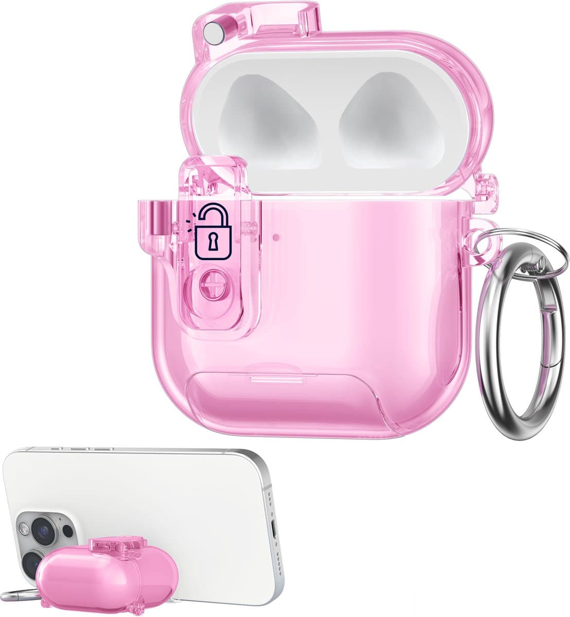 kwmobile Transparante hoofdtelefooncase voor Apple Airpods 4 hoes - Headphones TPU cover met standaardfunctie en veiligheidsvergrendeling - poederroze — afbeelding 1