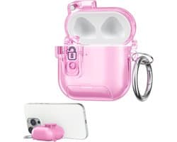 kwmobile Transparante hoofdtelefooncase voor Apple Airpods 4 hoes - Headphones TPU cover met standaardfunctie en veiligheidsvergrendeling - poederroze