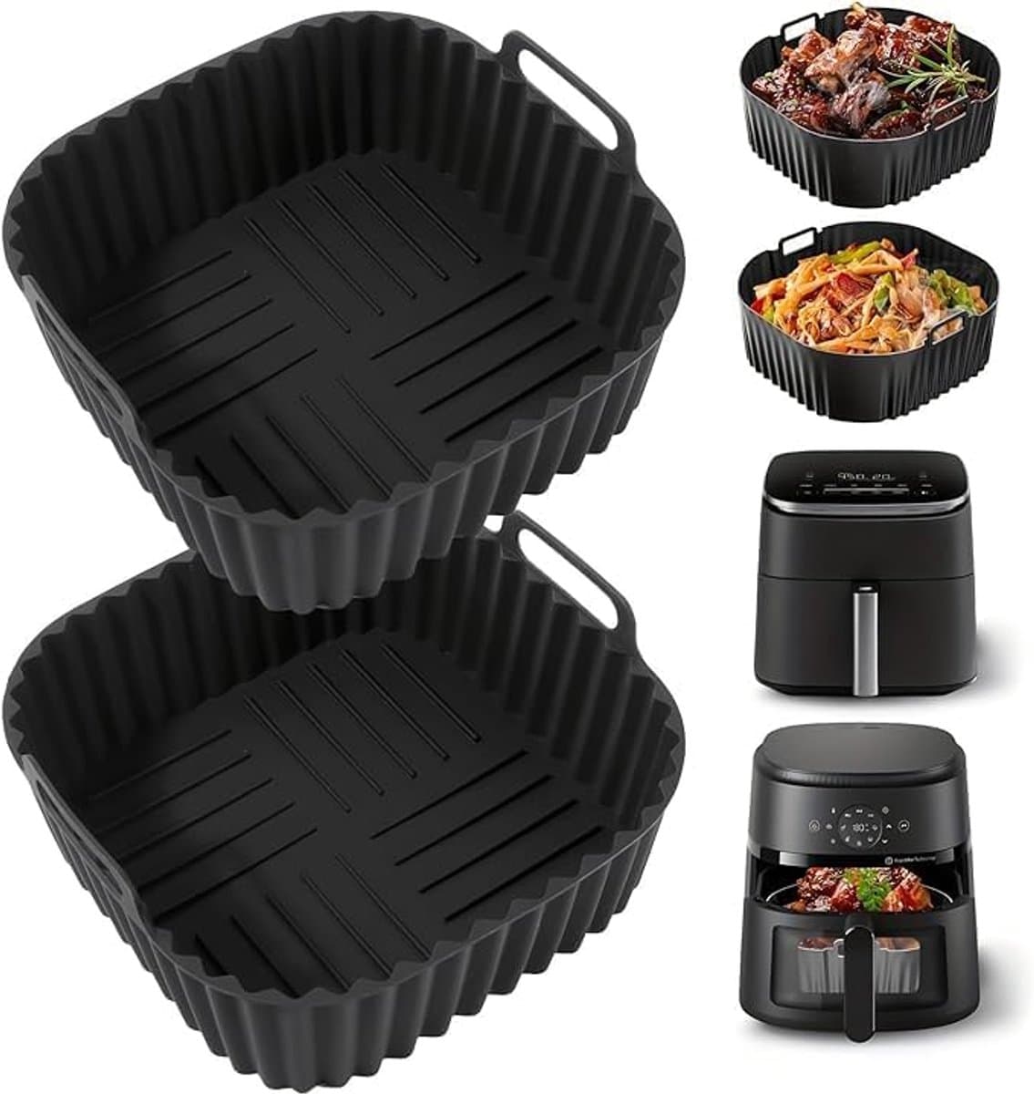 2 Pack 7.1 Inch Vierkante Siliconen Air Fryer Liners - Herbruikbaar Voor 4 - 7 QT - Oven En Airfryer Accessoires -Airfryer Accessoires - zwart — afbeelding 1