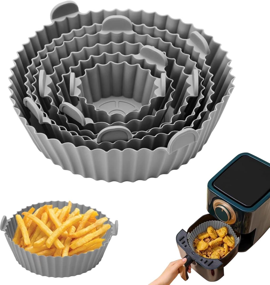 Siliconen bakvorm voor de airfryer, 6 stuks ronde accessoires, herbruikbare bakvorm voor de airfryer, siliconen schaal voor de airfryer en magnetron, grijs — afbeelding 1