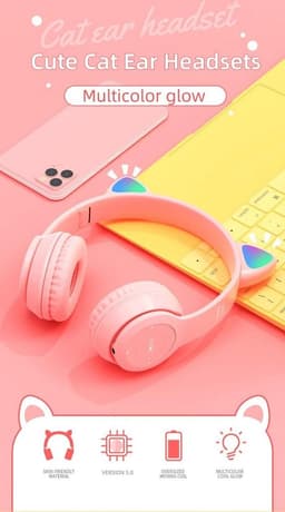Kinder Hoofdtelefoon-Draadloze Koptelefoon-Kinder Headset-On Ear-Bluetooth-Microfoon-Katten Oorjtes-Led Verlichting-Licht Roze — thumbnail 2