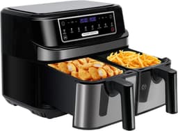 Digitale Airfryer - PFAS vrij - Groot 9 Liter - Heteluchtfriteuse - Zwart - Digital screen - 8 Voorinstellingen - Inclusief in hoogte verstelbaar Grillrack - 2 onafhankelijke 4,5L lades - met LED-touchscreen — thumbnail 1