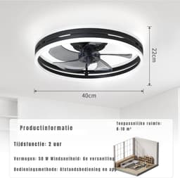 TIM® Plafonniere Met Ventilator - Plafondventilator - Plafondventilator Met Verlichting - Zwart - 45cm x 45cm x 20cm — thumbnail 5