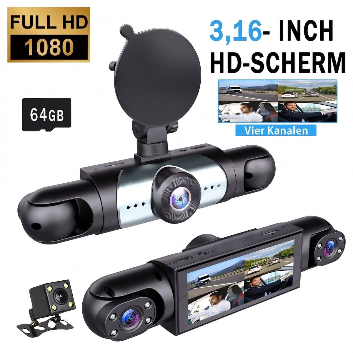 Dashcam Auto - 4 Lenzen (Voor, Achter, Links, Rechts) - 1080P Full HD - WiFi & GPS - Dashcams - Nachtzicht - G-Sensor - Parkeerbewaking - 3,16 Inch met App - Incl. 64GB SD-Kaart — afbeelding 1
