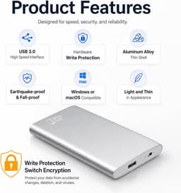 Externe Harde Schijf - Draagbare Opslag - Data Beschermen - Schrijfbeveiliging Switch - 2 TB - Zilver — thumbnail 3