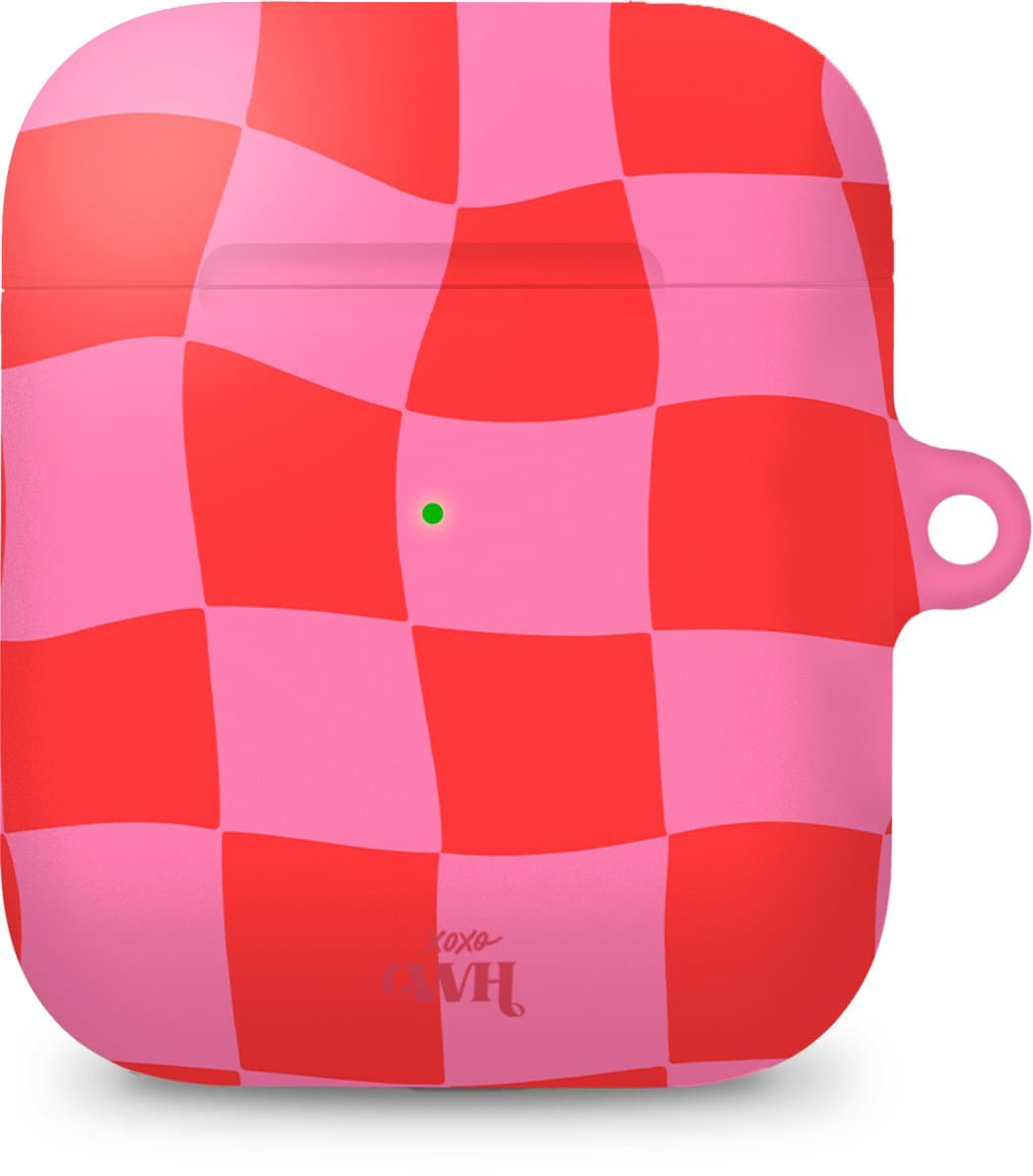 xoxo Wildhearts hoesje geschikt voor Airpods 1/2 - Drunk In Love - Ook als telefoonhoesje verkrijgbaar - schokbestendige case geschikt voor Airpod 1 en 2 - koptelefoon case - Beschermhoes met print - golvende blokjes - roze / rood — afbeelding 1