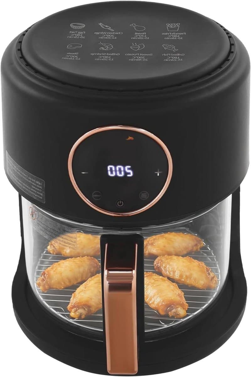 Glazen Airfryer - Heteluchtfriteuse Kom - Gezond Koken - Zichtbaar Kookproces - 4.2 Liter - Zwart — afbeelding 1