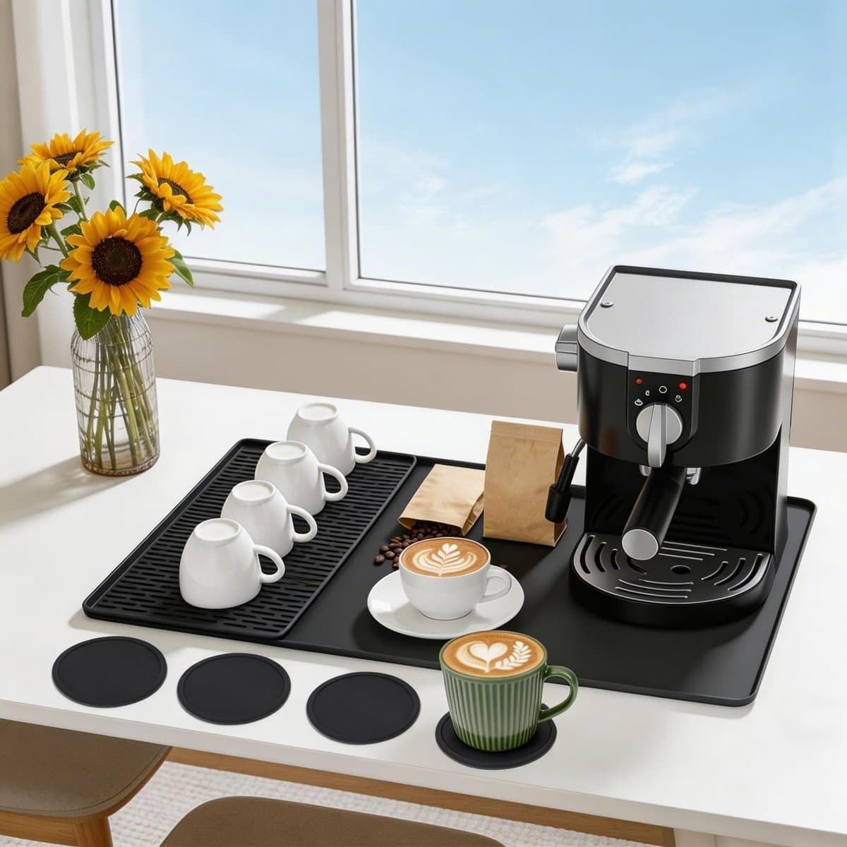 2-in-1 drip mat met rand, 60 x 40 cm, siliconen pad voor koffiezetapparaat, hittebestendig, antislip en eenvoudig schoon te maken, inclusief 4 siliconen onderzetters — afbeelding 1