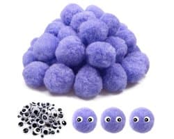 50 Stuks 40mm Grote Fluffy Pompoms in Paars met Wobble Ogen voor Creatieve DIY Knutselprojecten en Decoraties