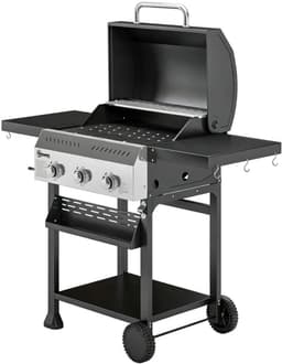 Gasbarbecue - Gasbarbecue en grill - 3 Branders - 9 kW - Grillwagen - Barbecuewagen - met Grillrooster, Wielen, Inklapbaar Bijzettafels, Thermometer, Onderste Plank, 6 Haken en Warmhoudplaten - 123 x 57 x 102 cm - Zwart — thumbnail 3