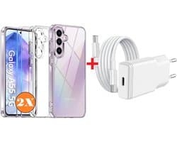 USB C Adapter A55 oplader - USB C Snellader 20W Met 1m Kabel - Hoesje Geschikt voor Samsung Galaxy A55 hoesje transparant Anti Shock silicone met 2x screenprotector- Ntech COMBI-SET