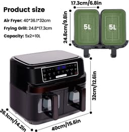 Heteluchtfriteuse 10L – Airfryer - Dubbele Lades – 2000W - 240V - Touchscreen – 8 Automatische Programma's – Kijkvenster - Zwart — thumbnail 3