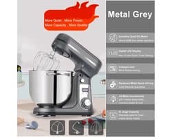 Keukenmixer - Keukenmachine - Foodprocessor - Keukenrobot - Elektrische Foodmixer - 1200W - Stil DC-Motor - LED Display - 6 Snelheden - Metaal Grijs
