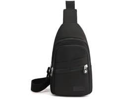 Boncy® Luxe Crossbody Schoudertas - Dames & Heren - 5 opbergvakken en kabelopening - Crossover Slingbag Nektasje - Schoudertassen Crossbodytassen Sling Bag - Rugzak Nektas of Borsttas - Crossbodytas met brede band op borst Chest Tas Fanny Pack Zwart