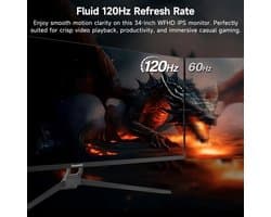 Ultrawide Monitor 34 Inch - 2560 x 1080 Resolutie - 120 Hz Verversingssnelheid - IPS Scherm - Mat Zwart - Gaming En Kantoor