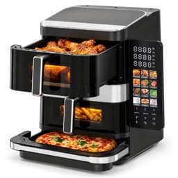 Cheqo® Dubbele Airfryer met Pizza Oven - Heteluchtfriteuse XXL met 2 Manden en Kijkvenster - Pizzamaker - Airfryer Dual Zone - Friteuse zonder Olie - Hetelucht Oven - Touchscreen - 12 Programma's - PFAS-Vrij - Pizzaoven - 2800W - Zwart — thumbnail 1