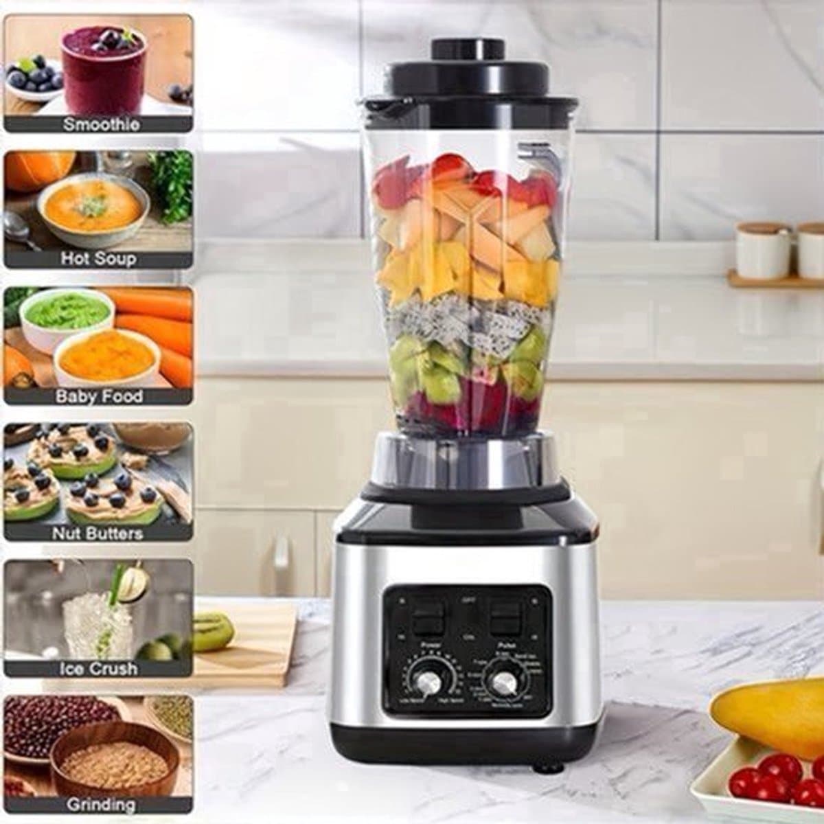 Multifunctionele Keukenmachine – Blender – Food Processor – Sapmaker – IJscrusher – Grote Inhoud 3L+1,5L+0,5L – Krachtige 9500W Motor – Stille Frequentie Technologie — afbeelding 1