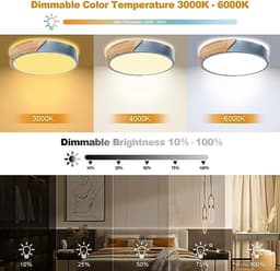 Dimbare Houten Plafondlamp - 3000K-6000K LED Lamp met Afstandsbediening - Moderne Verlichting voor Woonkamer, Slaapkamer en Hal - 32W, 30 cm, Blauw — thumbnail 3