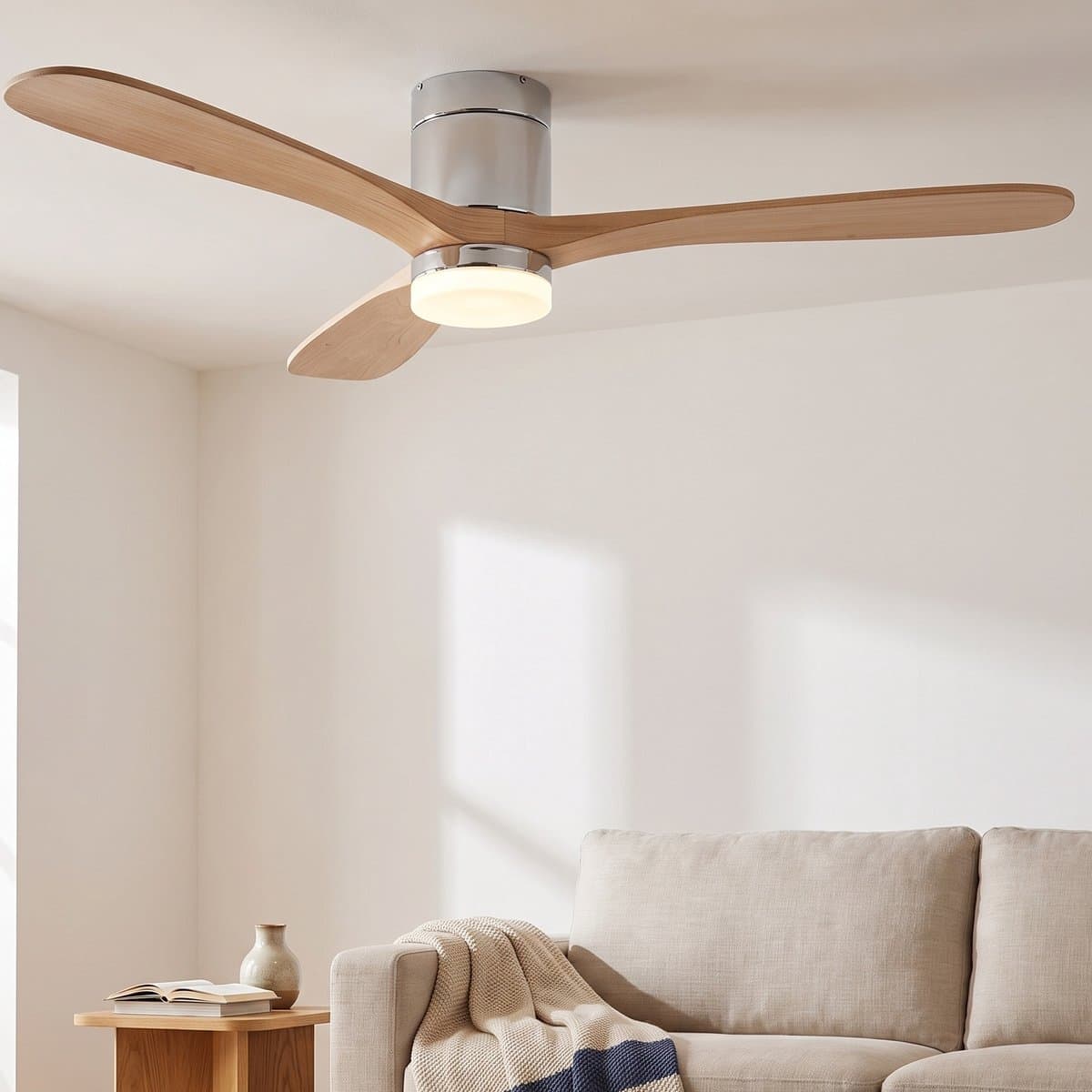 Plafondventilator met lamp - Diameter 132 cm - 3 kleurtemperaturen - massief houten bladen - Scandinavisch - natuurlijk hout en zilver — afbeelding 1