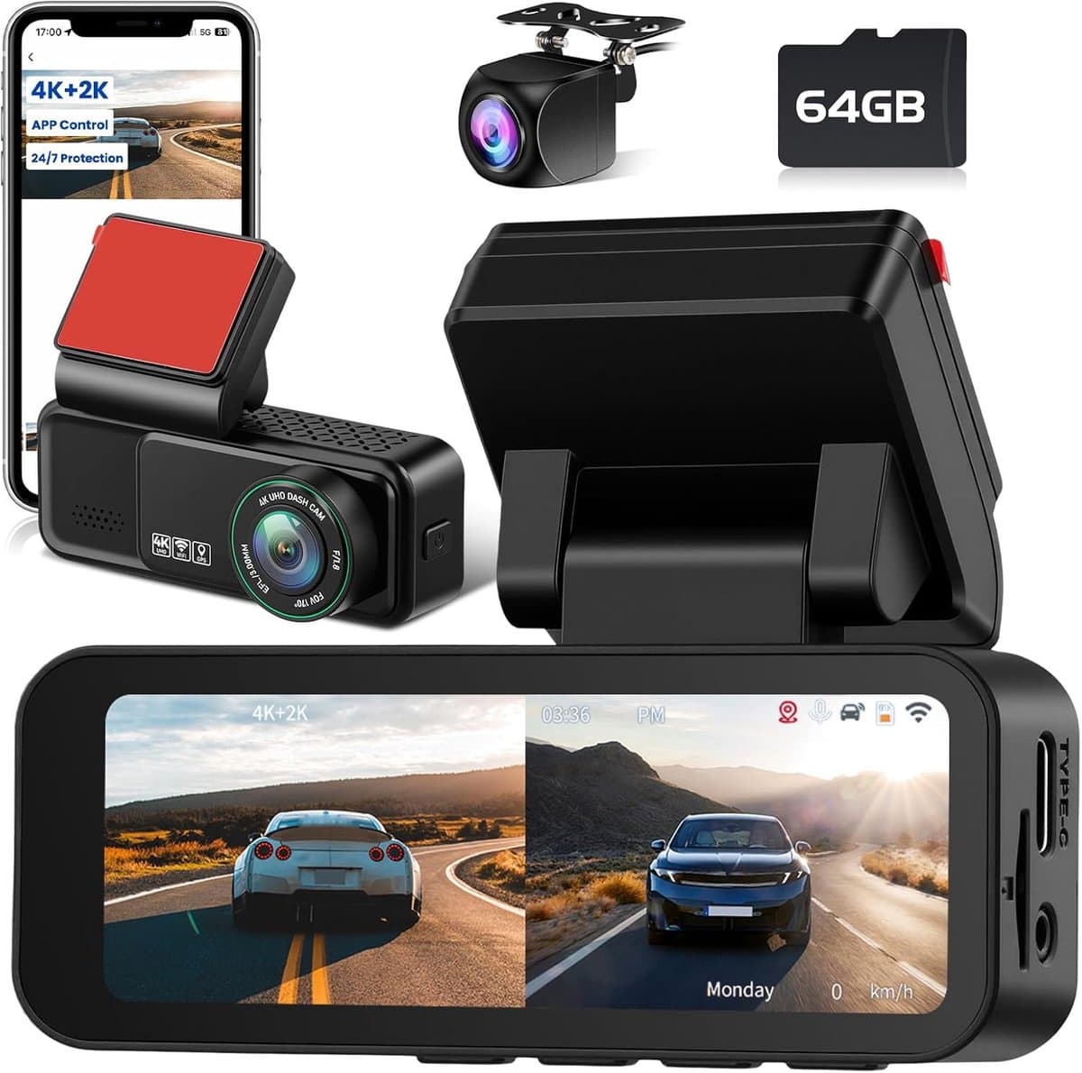 SnelShoppen - Dual Channel 4K Dashcam Auto met WiFi, GPS, ADAS, G Sensor, Nachtzicht en 64G Kaart - 24 Uur Parkeerbewaking — afbeelding 1