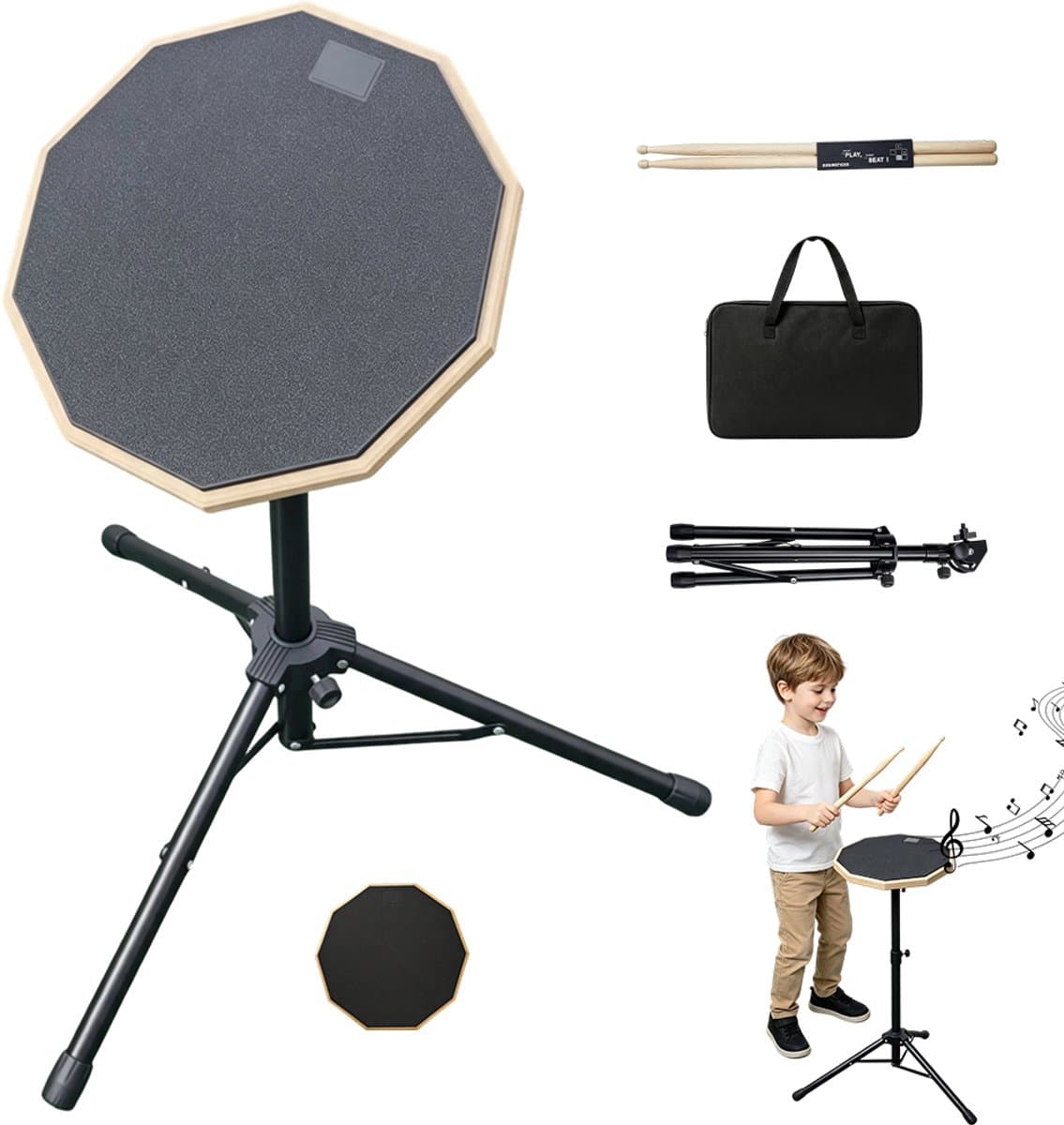 12 Inch Drumpad Set – Stille Drum Oefenpad - Oefendrumpad - Drum Practice Pad - met Stokken & Verstelbare Standaard & Draagtas – Achthoekig - Voor Oefenen & Studie — afbeelding 1
