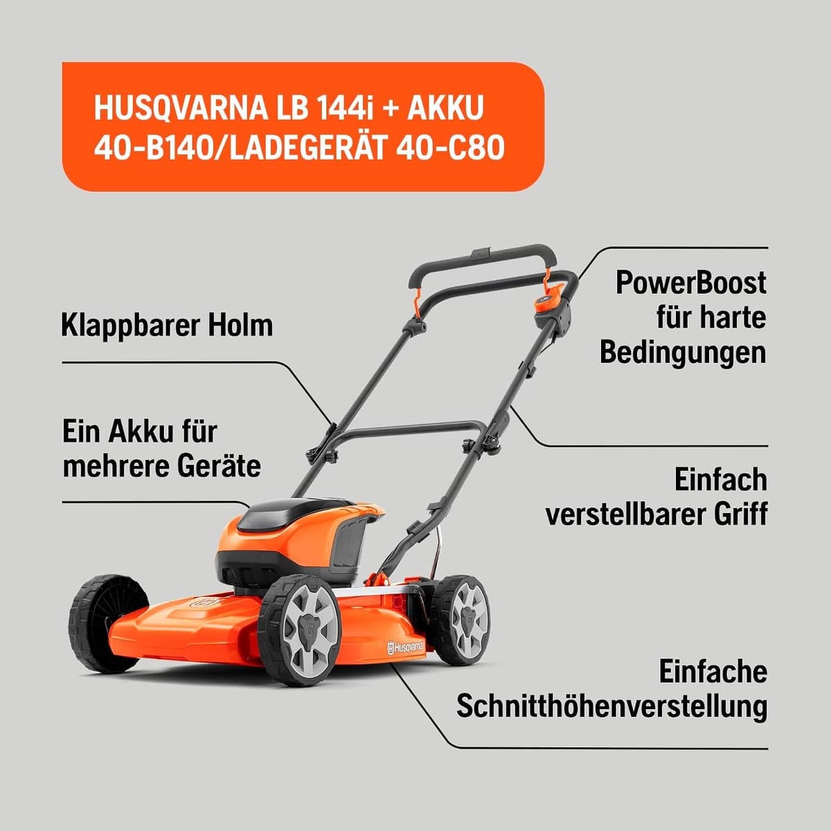 Husqvarna LB 144i accu-mulchmaaier inclusief accu en oplader, 44 cm BioClip, lichtgewicht en geschikt voor kleine en middelgrote tuinen — afbeelding 1