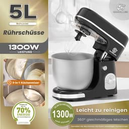 Keukenmachine - Deegmachine Mixer - Bakken en Koken - Krachtige 1300W Motor - 5 Liter Kom - Zwart — thumbnail 3