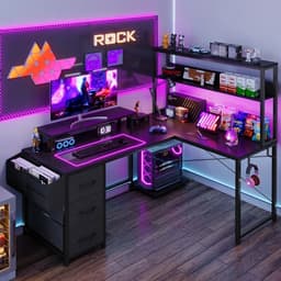 Parasha Nova Bureau - L-vormig bureau met opbergruimte - gamingbureau met LED-verlichting, computerbureau met stopcontact - hoekbureau met ladenkast en schermhouder — thumbnail 3