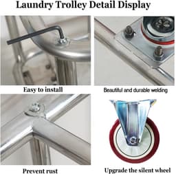 Wasmand met Wielen - Linnenwagen Vuile Kleding - Opslag en Transport - Afneembare Waterdichte Tas - 400 Liter Capaciteit - Beige — thumbnail 4