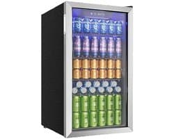 Joorly Mini Koelkast - Minibar - Drankkoelkast met glazen deur - Minibar voor 126 blikjes - met LED en temperatuurregeling - Wijn en bier koelkast - 49×44,5×78 cm - Grijs - RVS