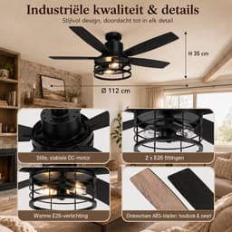 Lapamax Zwart Plafondventilator met Verlichting 112 cm – Modern industrieel ventilator lamp zwart met Afstandsbediening- 6 Snelheden-Timer en Zomer/Winterstand – Voor Slaapkamer, Woonkamer en Terras — thumbnail 3