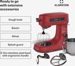 Klarstein Keukenmachine Chiara 1600W – 5L rvs-kom, 12 Geschwindigkeiten, LCD Touch Display, ≤72 dB, vaatwasmachinebestendig Patisserie Set, Aluminium gegoten behuizing, rood - Keukenmachine - 12 Snelheden - voor Keuken - LED RVS-Kom Garde — thumbnail 5