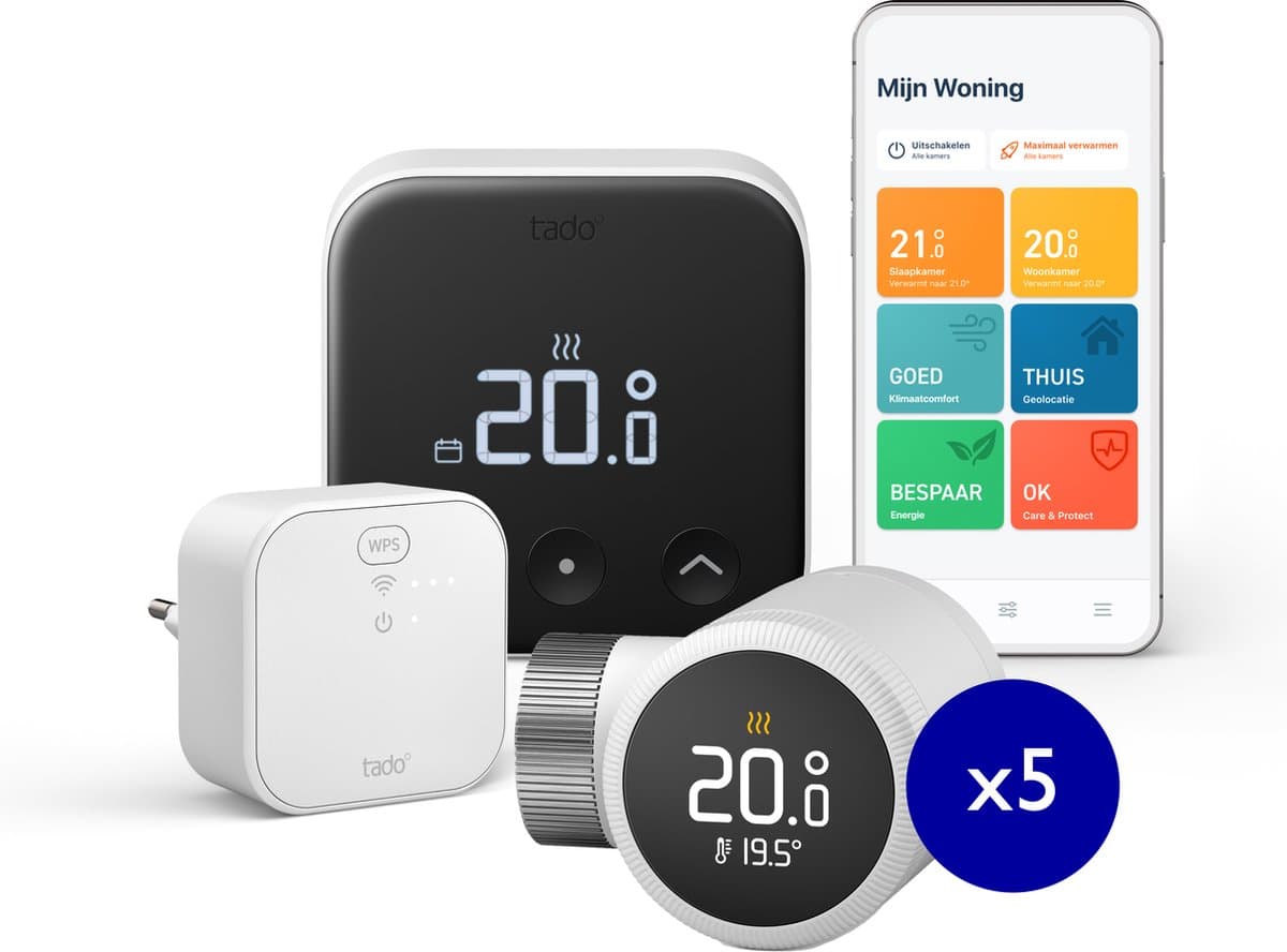 tado° Slimme Thermostaat X Bundel - Starterskit - Smart Thermostaat - incl. Matter Bridge & 5 Radiatorknoppen- Bedrade variant - werkt met Google Home, Alexa & Apple Homekit - Zwart/Wit — afbeelding 1