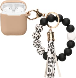 kwmobile Hoesje voor Apple Airpods 1 & 2 Case met Polsbandje – Siliconen Beschermhoes met Sleutelhanger – Hoofdtelefoonhoesje in cappuccino / zwart — thumbnail 5
