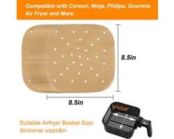 Airfryer bakplaten, set van 200, 8,5 inch ongebleekte geperforeerde vierkante airfryer bakplaten voor airfryers, stoommandjes en meer